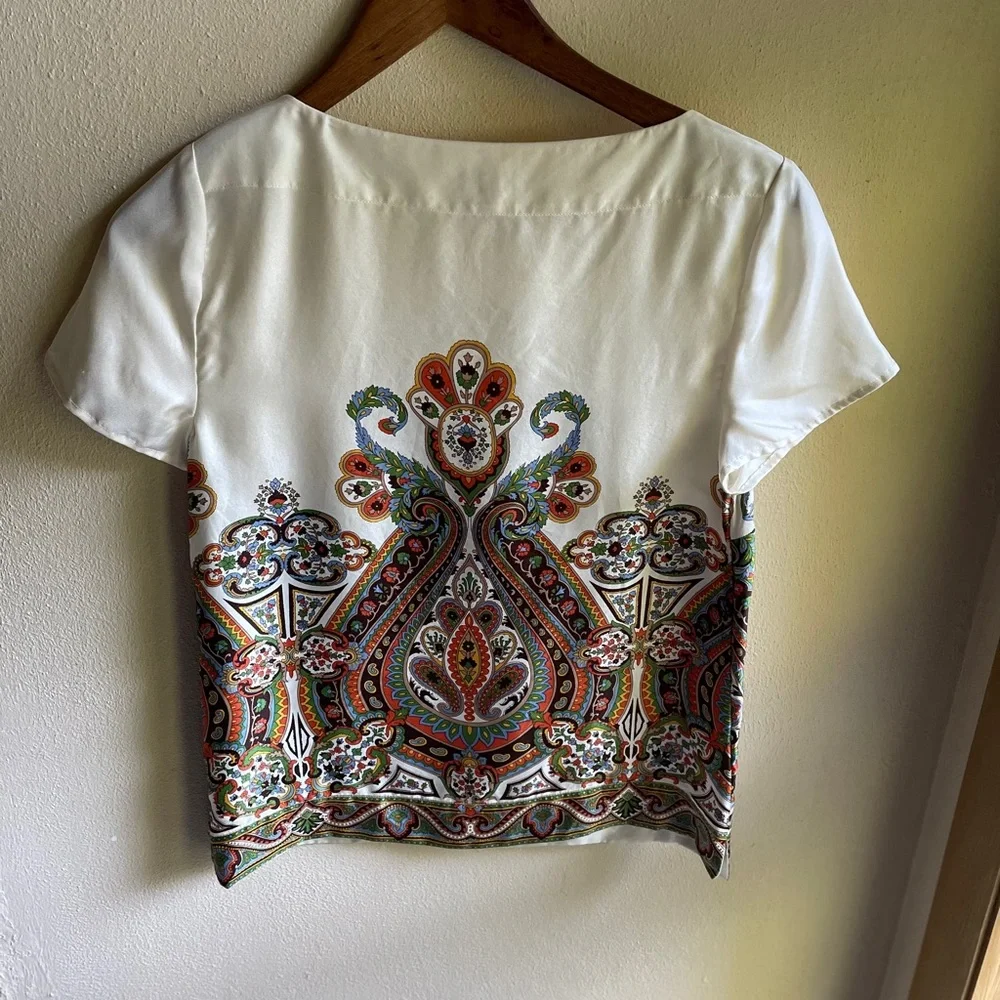 Talbot's Silk Paisley Patterned Blouse. Cap Sleeves, Side Zip. Cream, Green. 2P - Picture 4 of 11